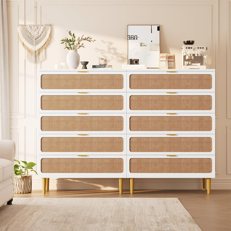 Rattan Dresser with 5 Drawers, Tall Modern Closet with Deep Storage, Large Chest of Drawers with Wide Top, White