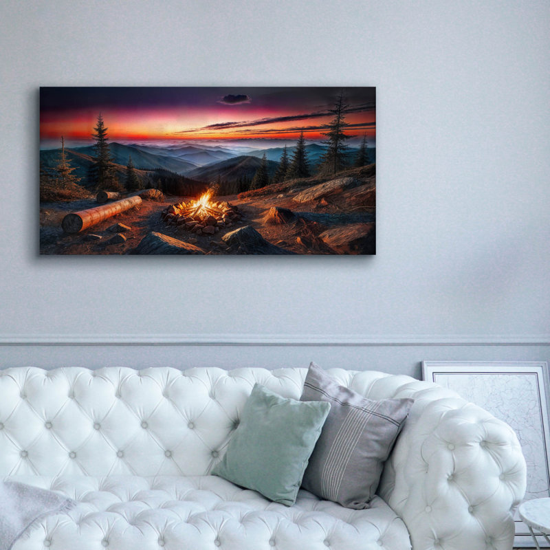 Art mural sur toile Gracesyn, "Campfire In Mountains At Sunset" par Rey Klimt, H 30 po x l 60 po