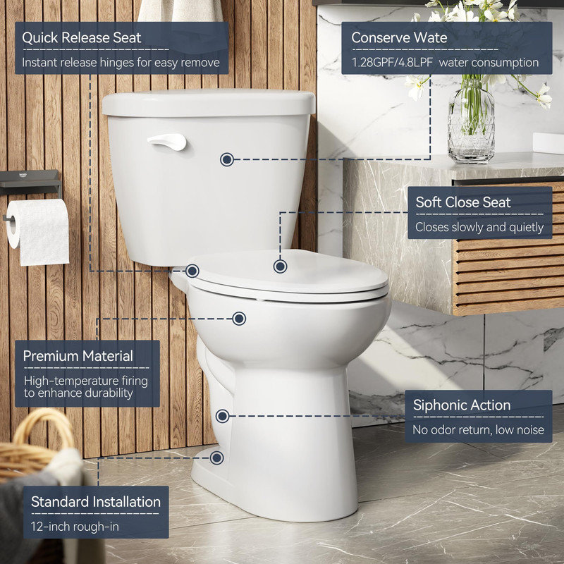 Two Piece Elongated Toilet with Side Push Flush – 1.28 GPF, CUPC Certified, Modern Design