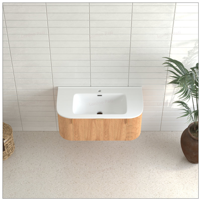 Meuble-lavabo mural en bois massif 36 po avec 2 tiroirs latéraux et lavabo en céramique