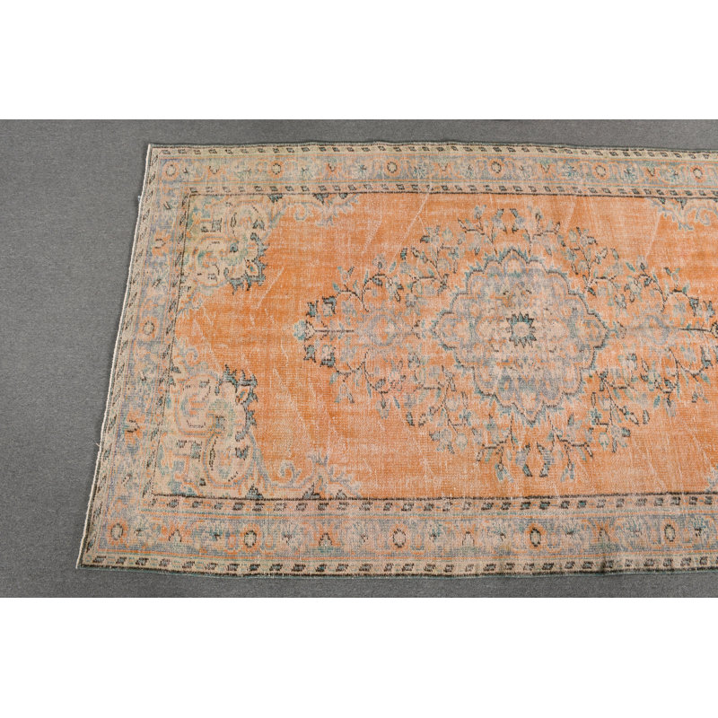 Grand tapis en laine Oushak fabriqué à la main en orange vif avec motif floral pour un espace de vie unique bleu / orange