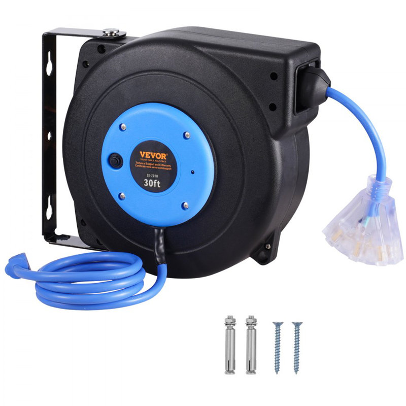 Retractable Extension Cord Reel Power Cord Reel 30FT 16AWG/3C SJTOW, Blue/Black
