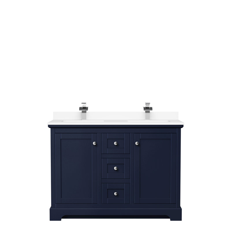 Ensemble de meuble-lavabo double 48 po Avery, Bleu foncé, Marbre de culture blanc, Chrome poli