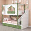 Lit superposé en bois de style chalet avec escalier de rangement, étagères et tiroirs de rangement ouverts de chaque côté du lit-1142411122-1142411123
