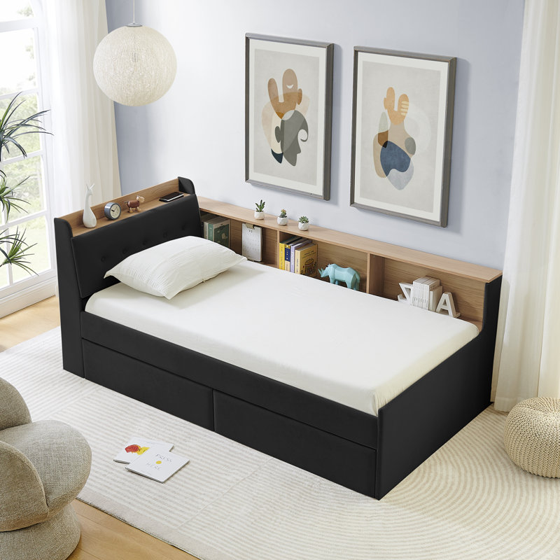 Twin Size Upholstered Velvet Daybed Sofa Bed with Storage Headboard, 2 Drawers, LED & Wireless Charging, Black, Black