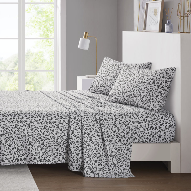 Ensemble de draps pour grand lit 4 pièces à imprimé floral noir 200TC, Ensemble de draps pour très grand lit avec 2 taie