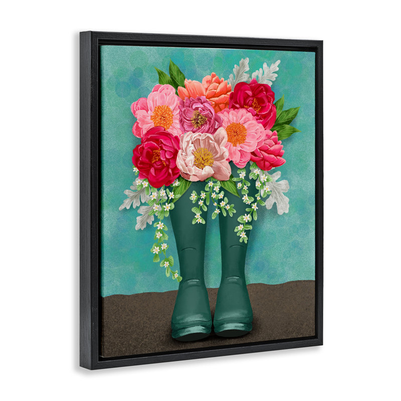 Peony Rain Boots Bundle Floating Frame, design by Jilly Jack Designs, Jet Black Floater Frame, 21" H x 17" W