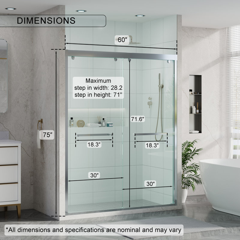 Porte de douche coulissante double l 56 à 60 po H 75 po avec verre trempé de 8 mm et cadre en alliage d'aluminium, Chrome