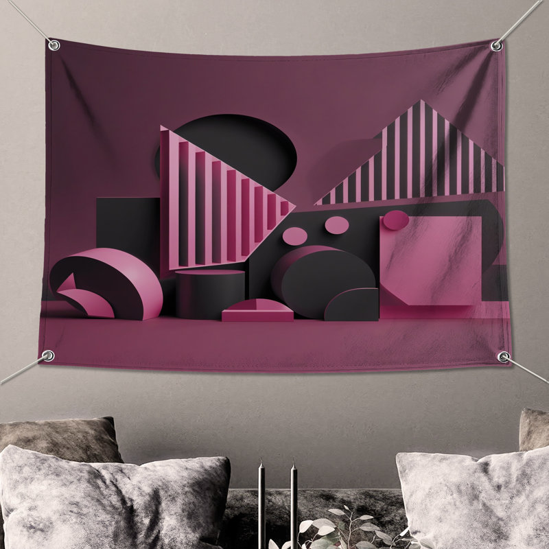 Tapisserie murale formes géométriques roses - Art mural abstrait, 68 po H x 80 po L avec 4 œillets