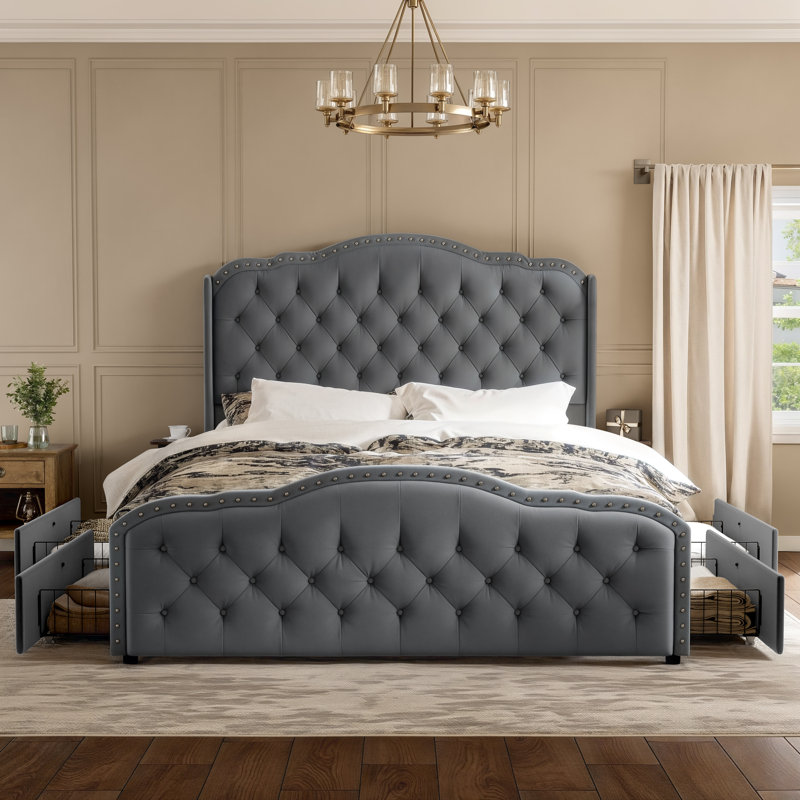 Grand lit tapissier à 4 tiroirs Maber, lit plateforme avec rangement et 2 tables de chevet, lit à oreilles en velours, aucun sommier requis, gris