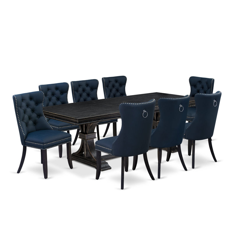 Cet ensemble de cuisine 9 pièces comprend une table de salle à manger et 8 chaises de salle à manger en tissu de polyester bleu marine avec dossier capitonné à boutons - Finition noir sablé.