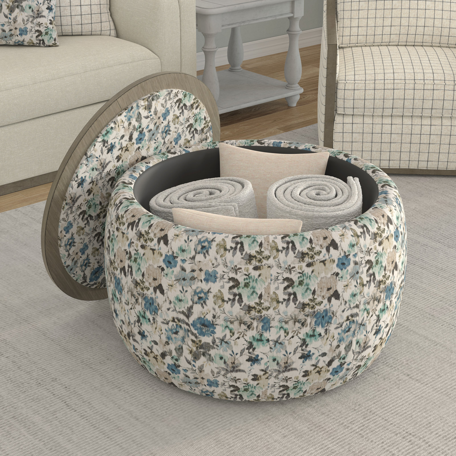 Icarus 34" Ottoman, Blue Meadow Polyester