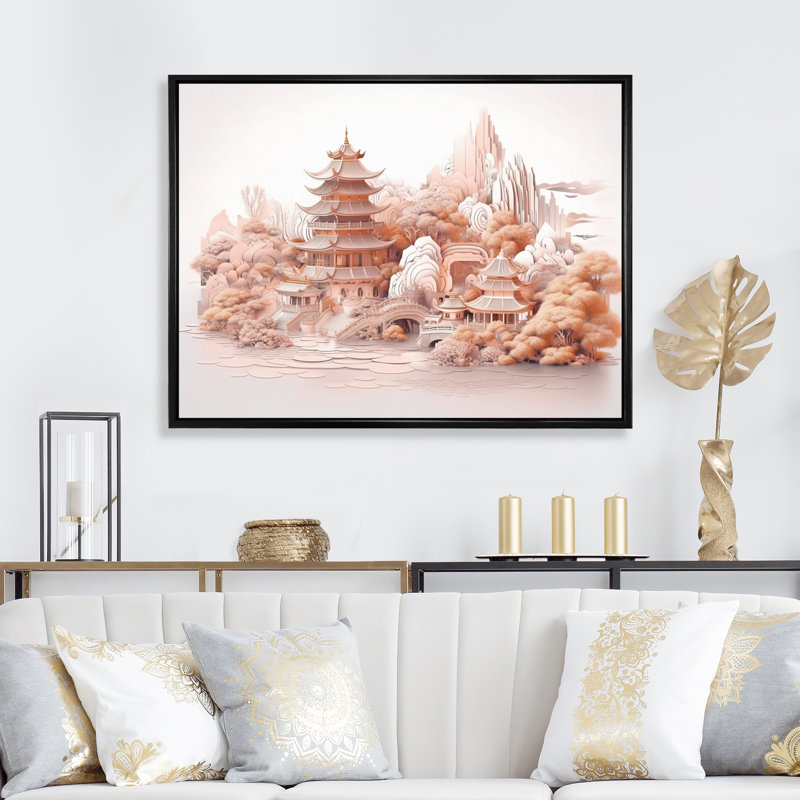 Asian Mountain And Lake Illustration I, reproduction d'art sur toile, H 12 po x l 20 po x P 1 po, Cadre flottant noir