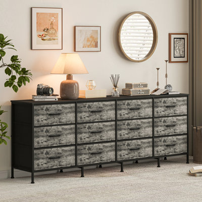 Commode longue de 70 po avec 12 tiroirs en tissu et station de charge - Commode large et meuble télé pour téléviseur de 65 à 80 po - Grand rangement, centre de divertissement - couleur déco