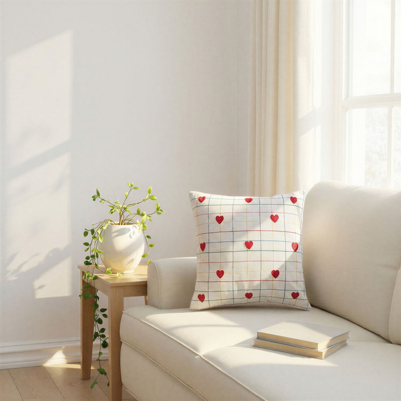 Woven Cotton Pillow With Grid Pattern And Embroidered Hearts
