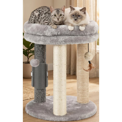 Petit arbre à chat 4-en-1, poteau à griffer avec lit doux, tapis en sisal, jouets à boules suspendues et brosse de massage