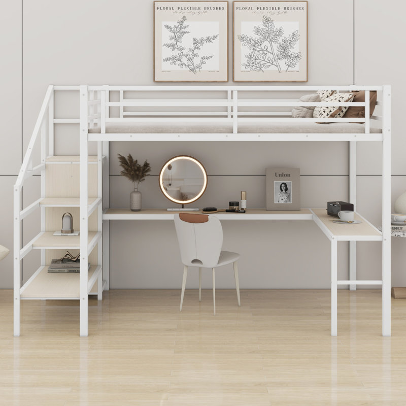 Lit mezzanine avec bureau en L et port USB, garde-robe, tablette et DEL