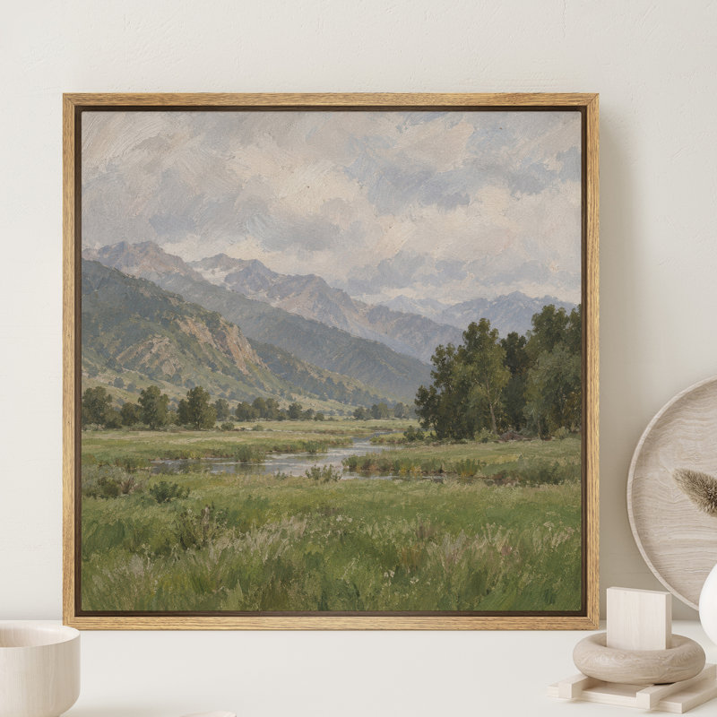 Tableau encadré sur toile représentant un paysage pittoresque de vallée, de rivière et de prairie., H 24 po x l 24 po