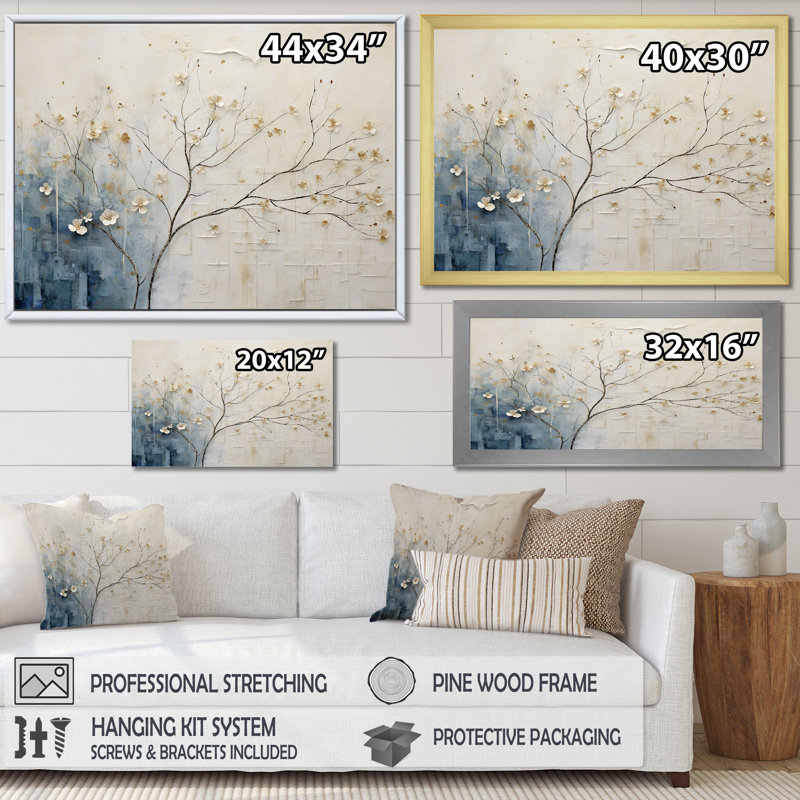 Minimalisme beige et bleu campagne - campagne encadrée, art mural, H 30 po x l 40 po x P 1,5 po, Cadre doré simple