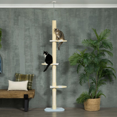 Arbre à chat de 10 cm de haut, réglable du sol au plafond (87 à 103 pouces), avec plateformes et poteaux à griffer, couleur jaune, idéal pour les chats d'intérieur actifs.