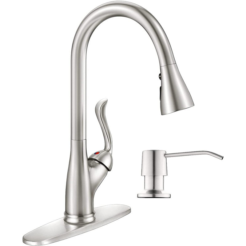 Robinet de cuisine rétractable à poignée simple avec distributeur de savon, Nickel brossé