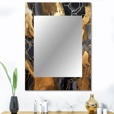 Or et marbre gris scintillant galaxies I - miroir fractal, miroir mural moderne unique, impression d'art en métal