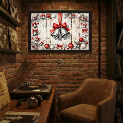 Christmas Christmas Bells Ribbons Ornaments Wood Background