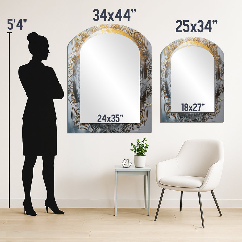 Miroir arqué blanc et doré Mandala VII - Boho Mandala, miroir mural asymétrique blanc unique, impression d'art en métal