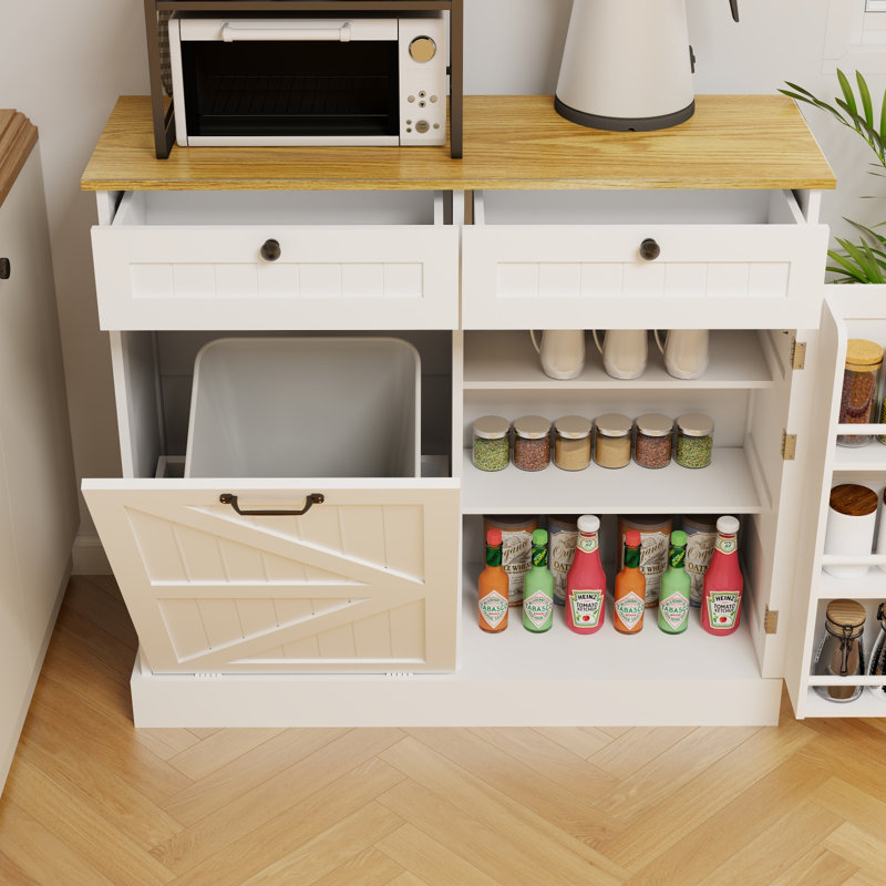 Armoire de rangement pour poubelle de cuisine avec 2 tiroirs, 1 armoire à ordures basculante, 1 porte avec support de rangement et 2 tablettes pour la cuisine, la salle à manger et le salon - blanc