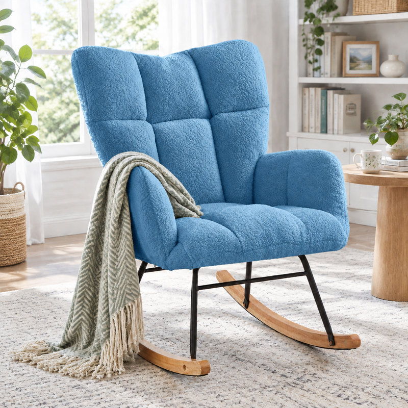 Chaise berçante Teddy, structure en métal, pieds en bois d'hévéa, capuchon de 300 lb, salon, Bleu
