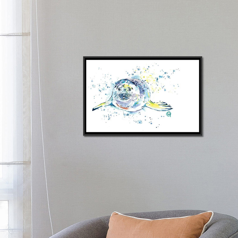«Emil the Seal» par Lisa Whitehouse - impression sur toile tendue, H 18 po x l 26 po x P 1,5 po, Toile avec cadre noir