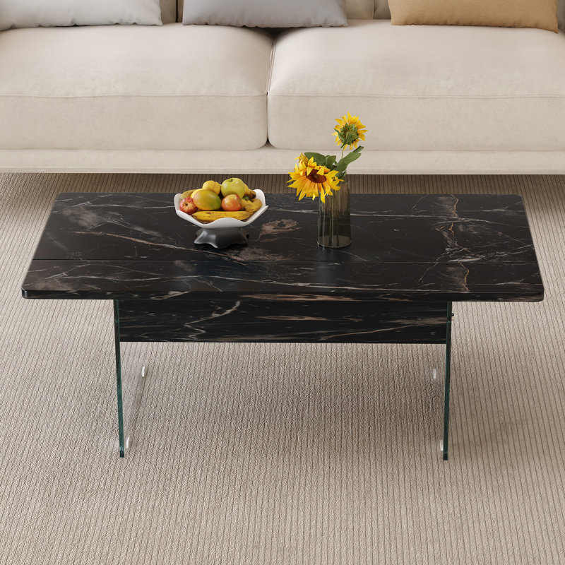 Table basse moderne à plateau relevable en faux marbre avec compartiment caché, Noir