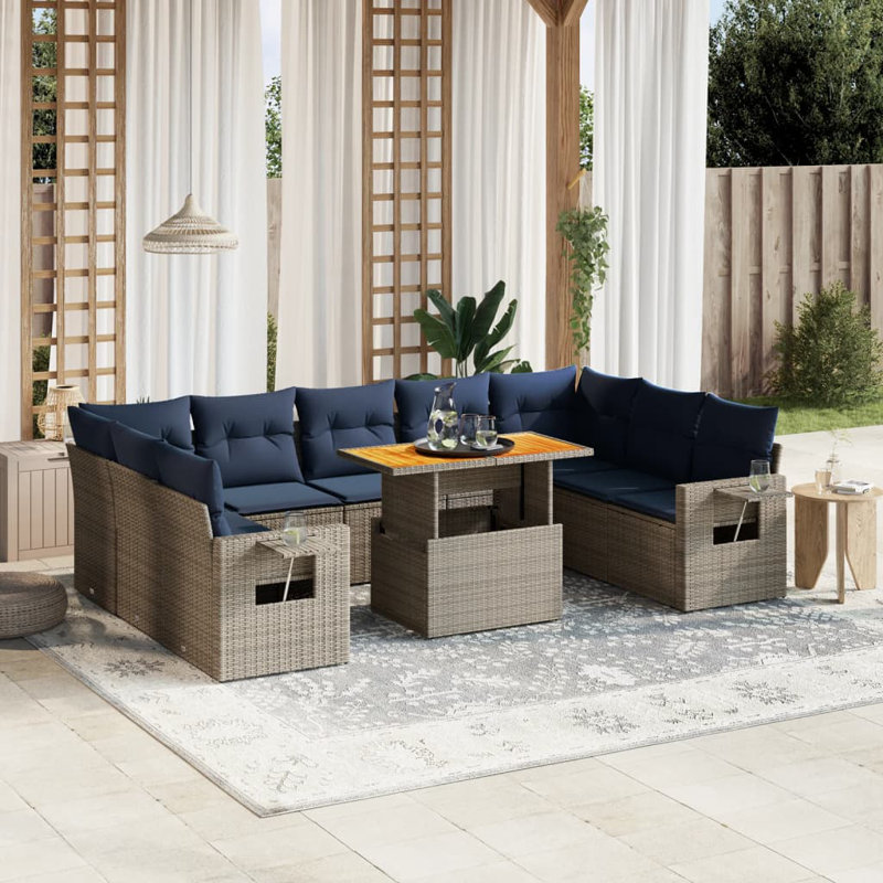  10 Piece Patio Sofa Set With Cushions Poly Rattan, Gray, Blue