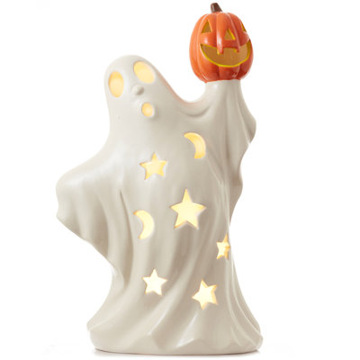 Fantôme d'Halloween en céramique pré-éclairé tenant une citrouille décor peint à la main