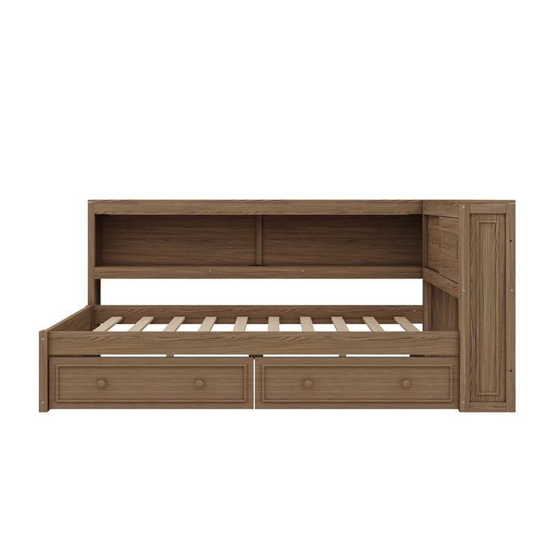 Lit de jour double en bois avec rangement intégré, éclairage USB / DEL et cadre de lit à deux tiroirs, Bois antique