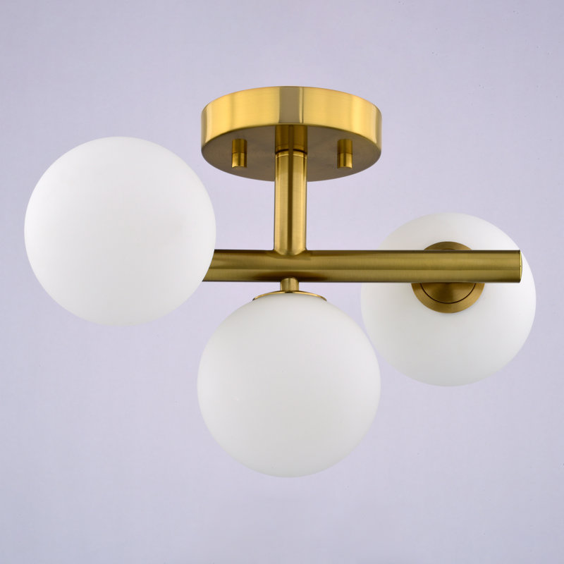 Evan 13-In W Gold Brass Contemporary Semi Flush Mount Ceiling Light Fixture White Frosted Globes