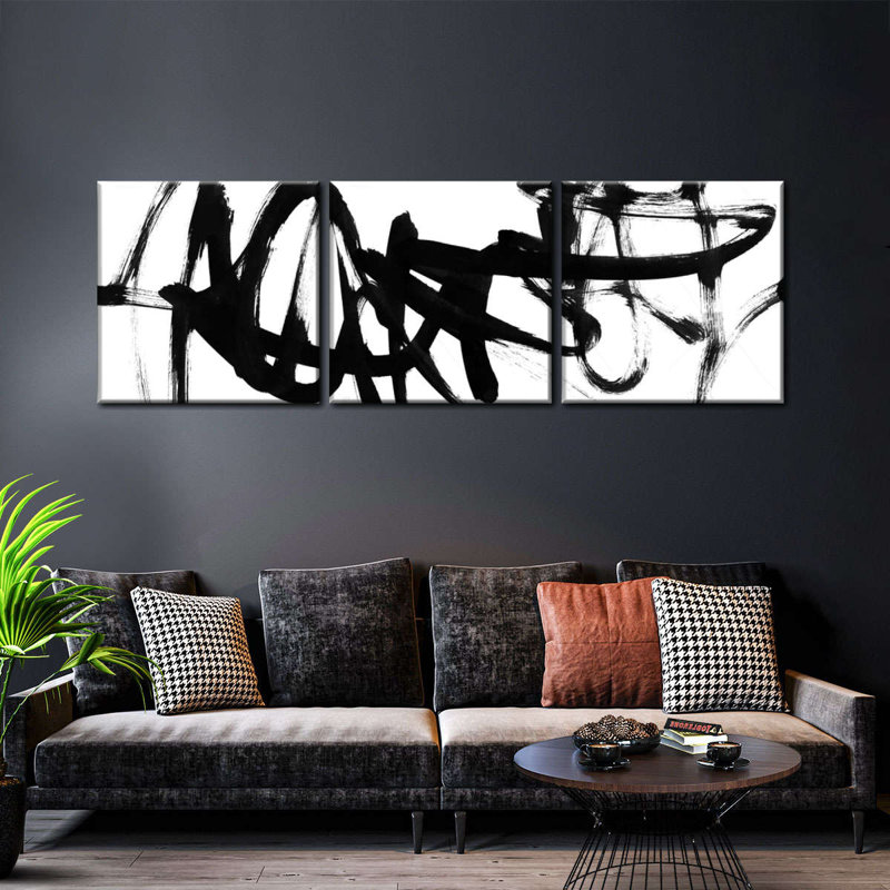 Blanc à noir abstrait V - ensemble panoramique sur toile tendue 3 pièces, H 8 po x l 26 po x P 1 po