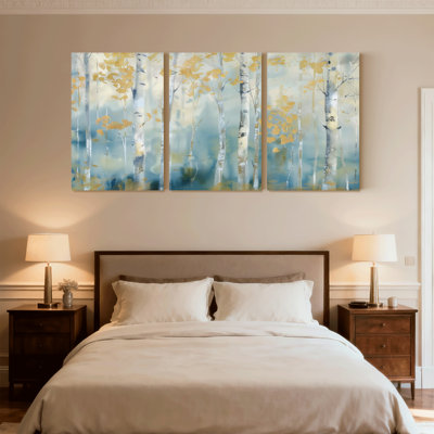 Paysage et nature, bouleaux avec feuilles dorées et ciel bleu, ensemble de 3 impressions sur toile