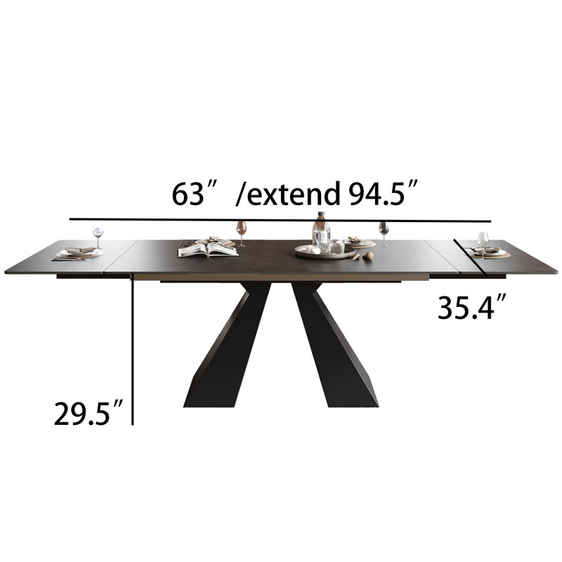 Table de salle à manger extensible en pierre frittée noire matte de 63 à 95 po pour 4 à 10 personnes avec pieds en acier noir
