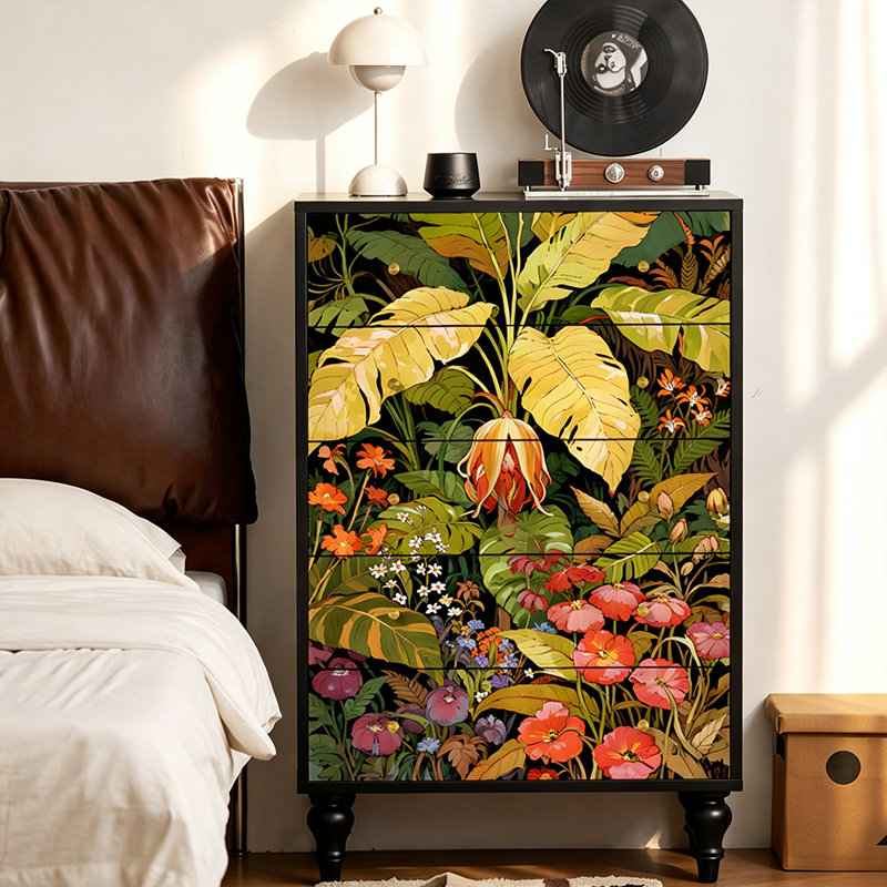 Commode de rangement rétro française à 5 tiroirs en bois massif, Black