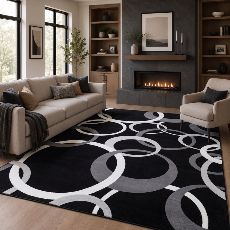 Tapis moderne abstrait à motifs circulaires, lavable à la machine et doté d'un envers antidérapant, Rectanlge 9'x12'