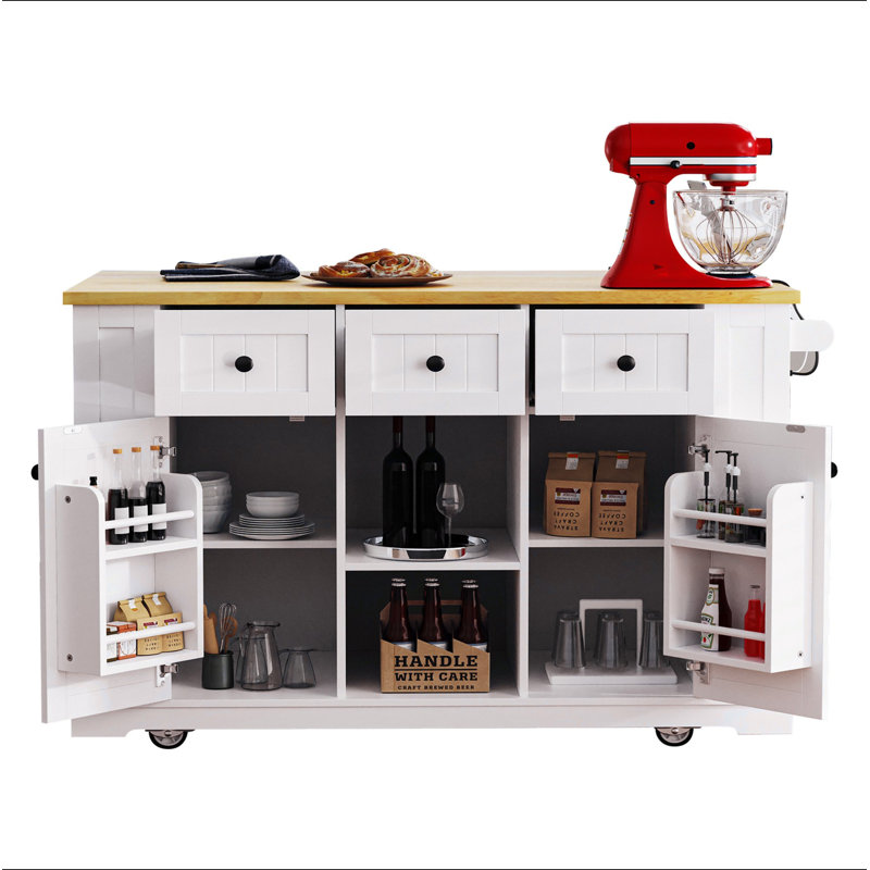 53inch Large Kitchen Island with Drop Leaf,Power Outlet,Door Internal Storage Rack,Rolling Kitchen Cart on 5 Wheels with 5 Open Side Racks for Kitchen(Two Packages)(Stools not included)