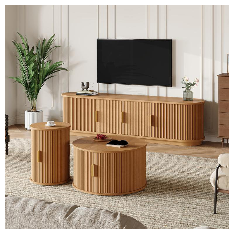 Wooden TV Stand & Coffee Table Set with Fluted Sliding Door for TVs up to 75", Golden Handles Media Console with Cable hole, Farmhouse Round Center Table for Living Room, Natural, Teak