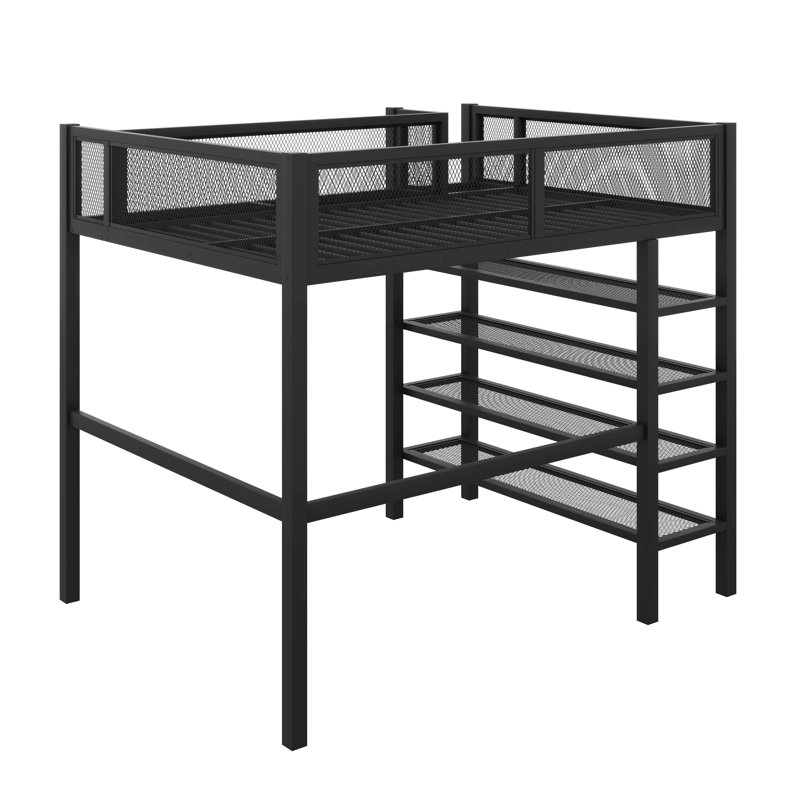 Lit mezzanine en métal avec tablettes à 4 niveaux et rangement, Simple, Noir
