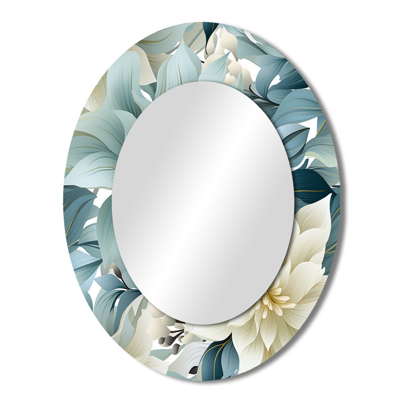 Zen fleur gris et blanc Elegance - Grand miroir mural ovale sur métal, 43 po x 33 po