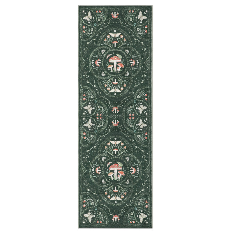 Tapis à poils courts à motif champignon gothique pour salon, chambre et cuisine, Vert, 2 x 6 pi