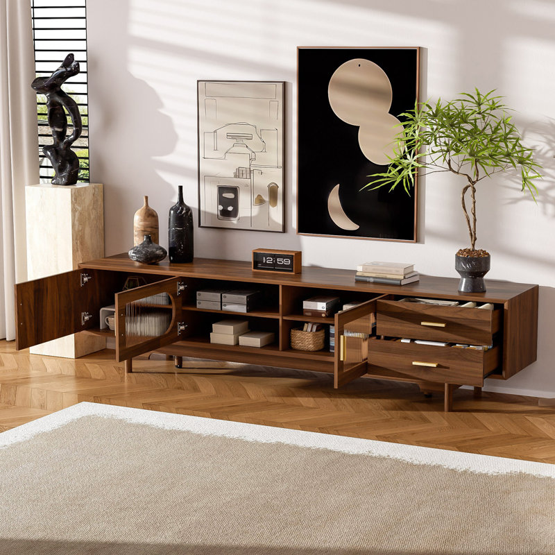 Meuble télé, meuble télé moderne avec portes en verre cannelé et 2 tiroirs