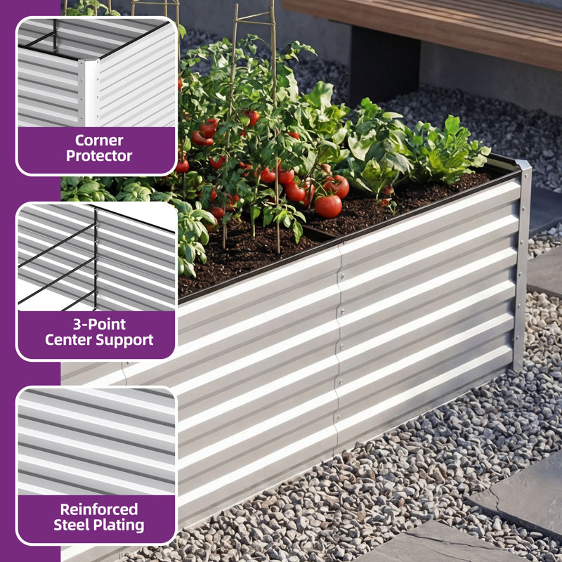 Galvanized Raised Garden Bed With Gloves, Silver, 24" H x 96" W x 48" D