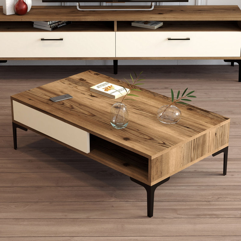 Table basse à 4 pieds avec rangement, Naturel / crème