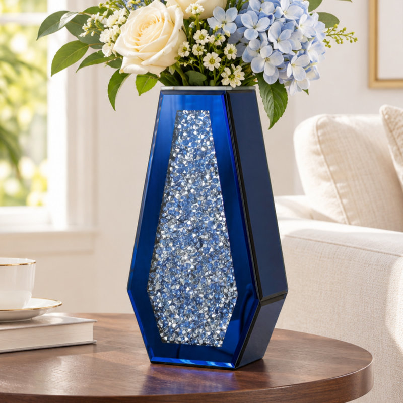 Vase de table haut Cerrie 14 po en verre bleu, style moderne et glamour, Bleu